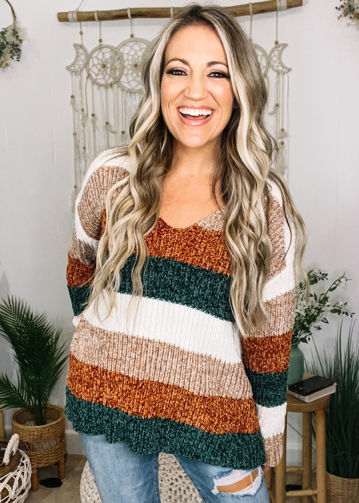 Taupe and Rust Stripe Knit Sweater