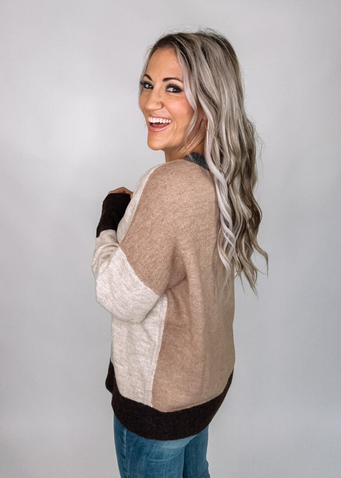 Taupe Color Block Front Seam Sweater