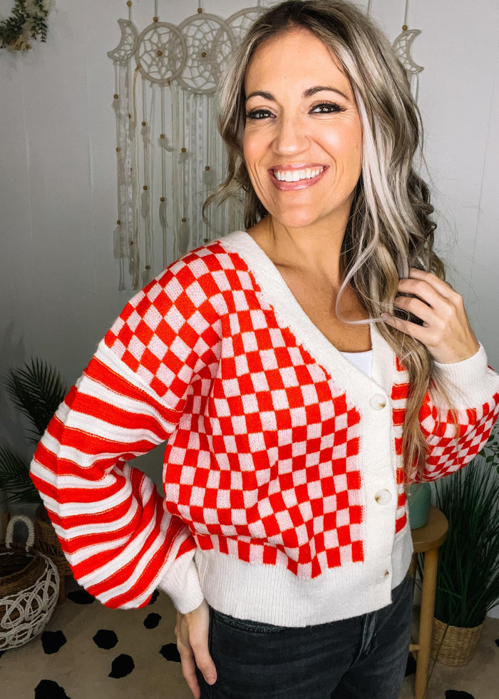 Red Checker and Stripe Combo Cardigan
