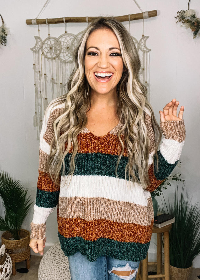 Taupe and Rust Stripe Knit Sweater