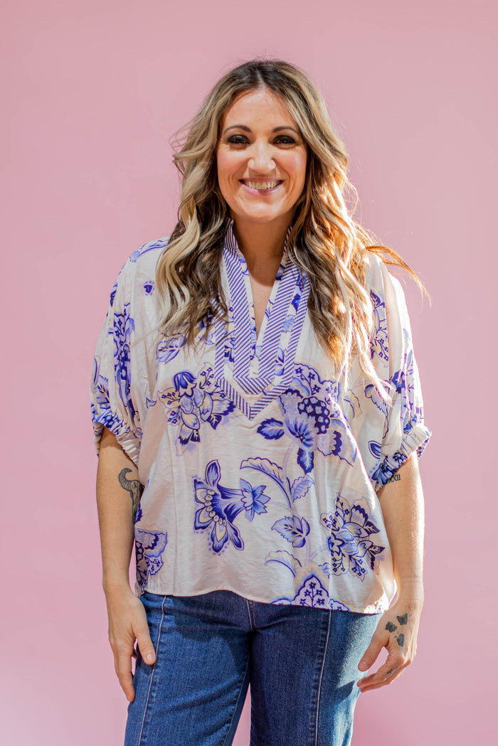 Blue Trim Printed Blouse