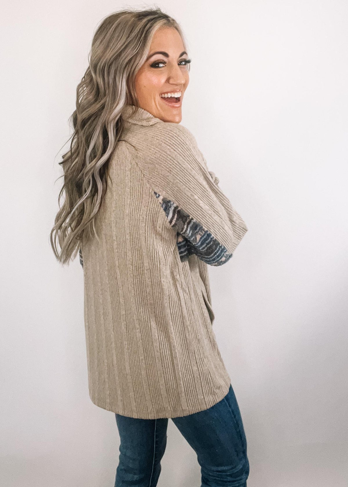 Grey Blue Sherpa Contrast Ragland Top