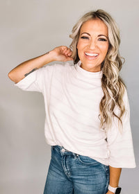 Stripe Textured Mock Neck Half Sleeve Top