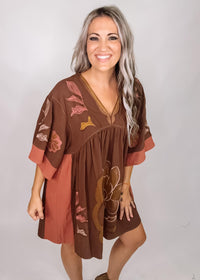 Brown Embroidered Kimono Dress