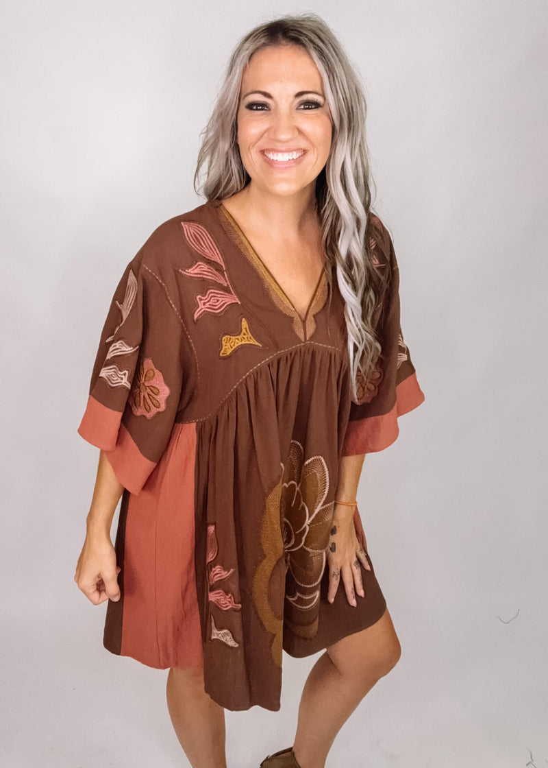 Brown Embroidered Kimono Dress