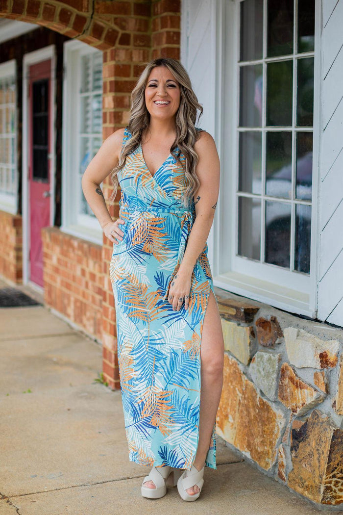 Mint Tropical Print Front Tie Dress