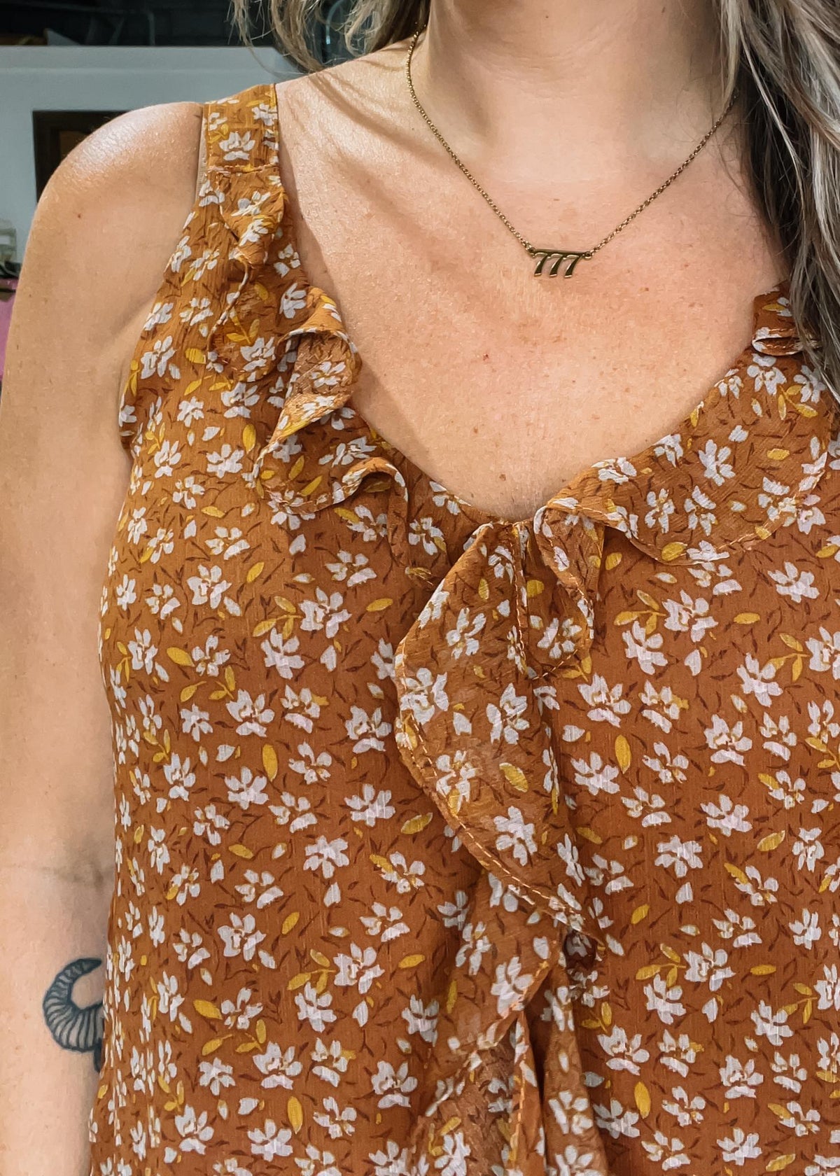 Rust Floral Chiffon Ruffle Tank