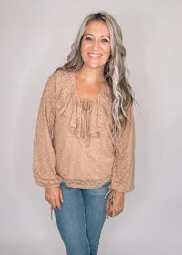Taupe V Neck Ruffle Detail Top