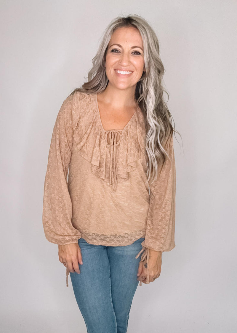 Taupe V Neck Ruffle Detail Top