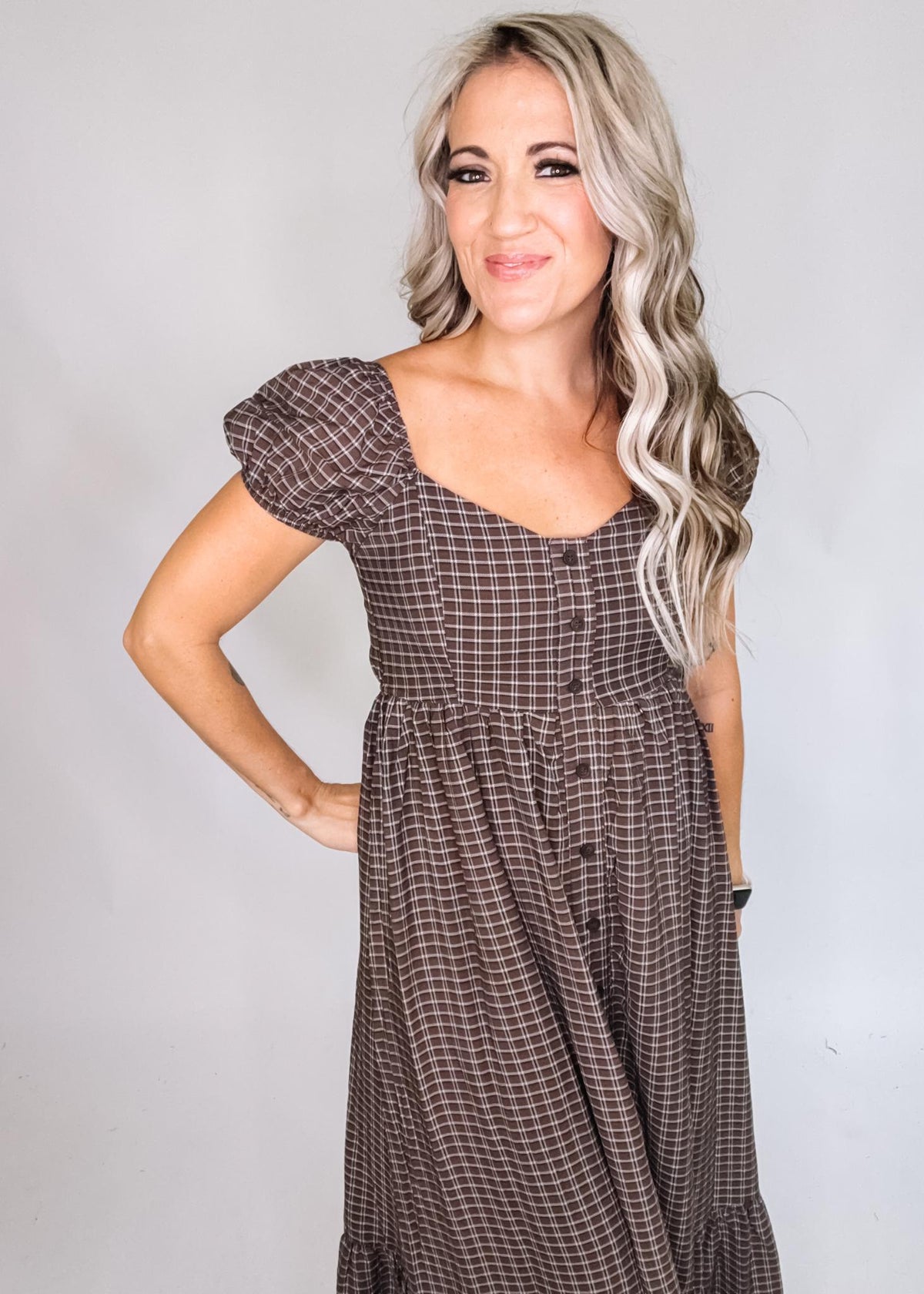 Plaid Puff Sleeve Button Down Maxi Dress