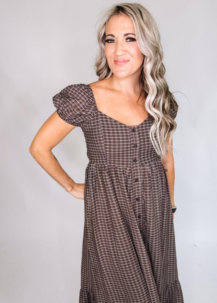 Plaid Puff Sleeve Button Down Maxi Dress