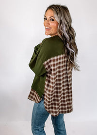 Olive Pullover with Plaid Back Detail