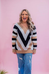 Neutral Chevron Chunky Knit Sweater