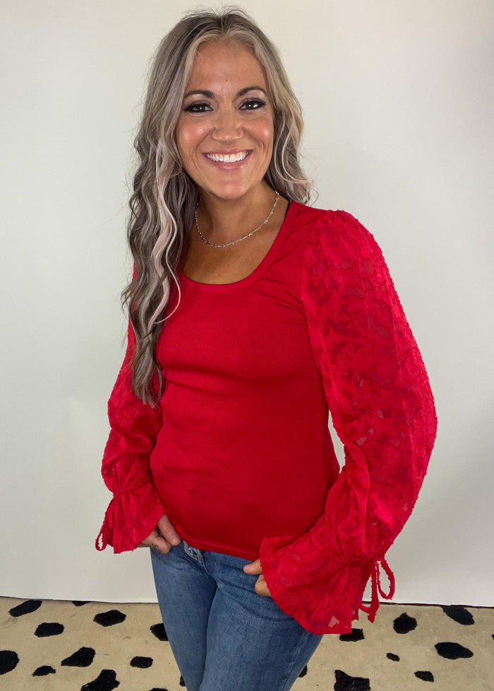 Red Lace Bell Sleeve Top