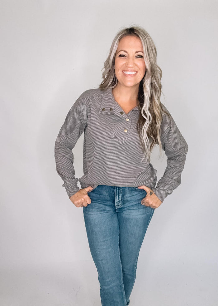 Brown Micro Stripe Pullover with Buttons