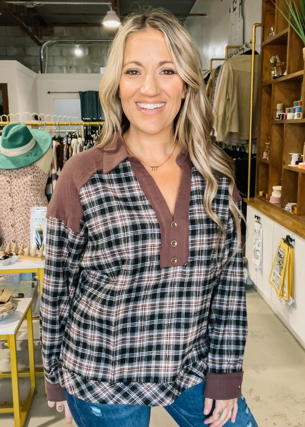 Plaid Collared Henley Top