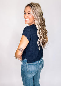 Navy Split Neck Short Sleeve Knit Top