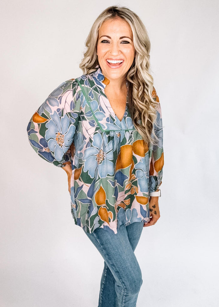 Blue Green Caramel Floral Blouse