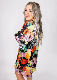 Black Satin Floral Button Down Dress