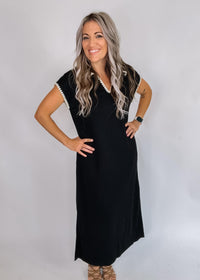 Black Embroider Trim Maxi with Collar