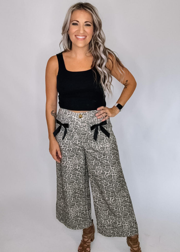 Animal Print Chunky Wide Leg Pant with Bows