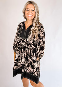 Black Printed Dress with Black Trim