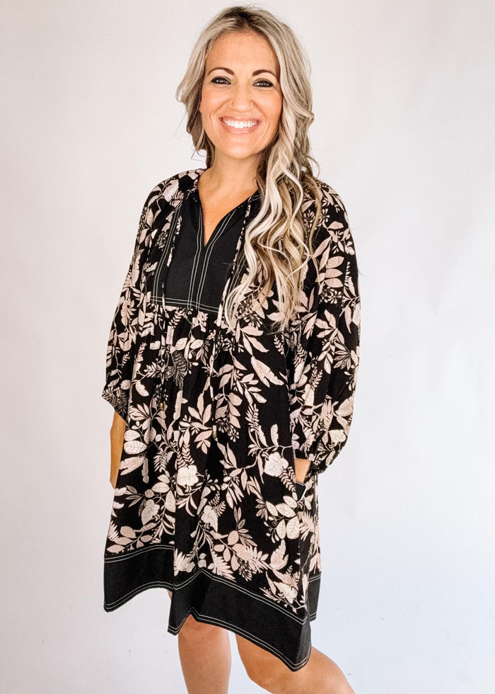 Black Printed Dress with Black Trim