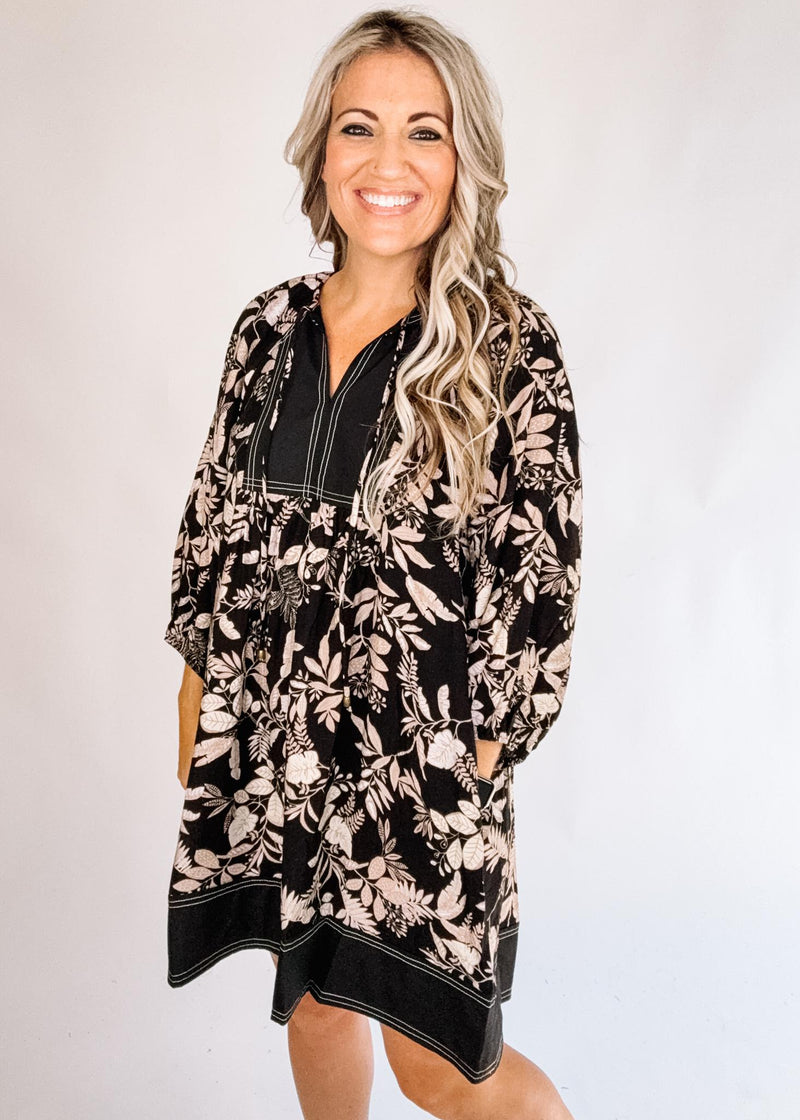 Black Printed Dress with Black Trim