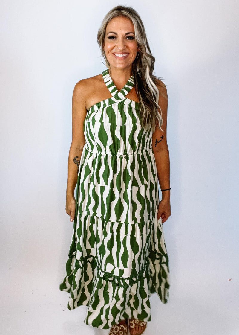 Olive Printed Midi Halter Dress