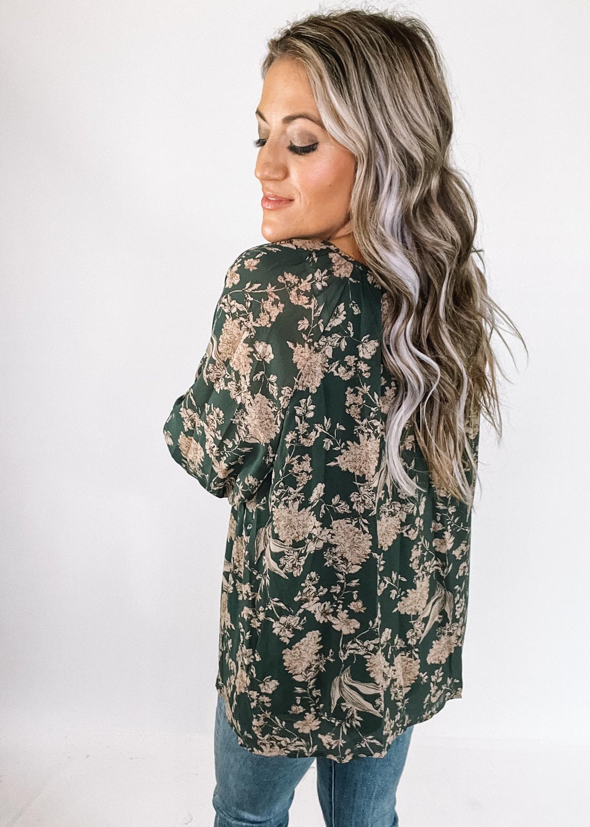 Sea Green Floral Pintuck Detail Blouse