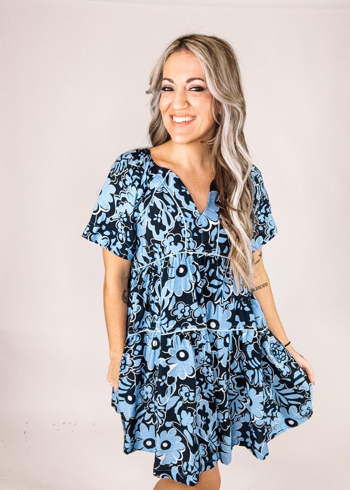 Sky and Navy Floral Babydoll Dress