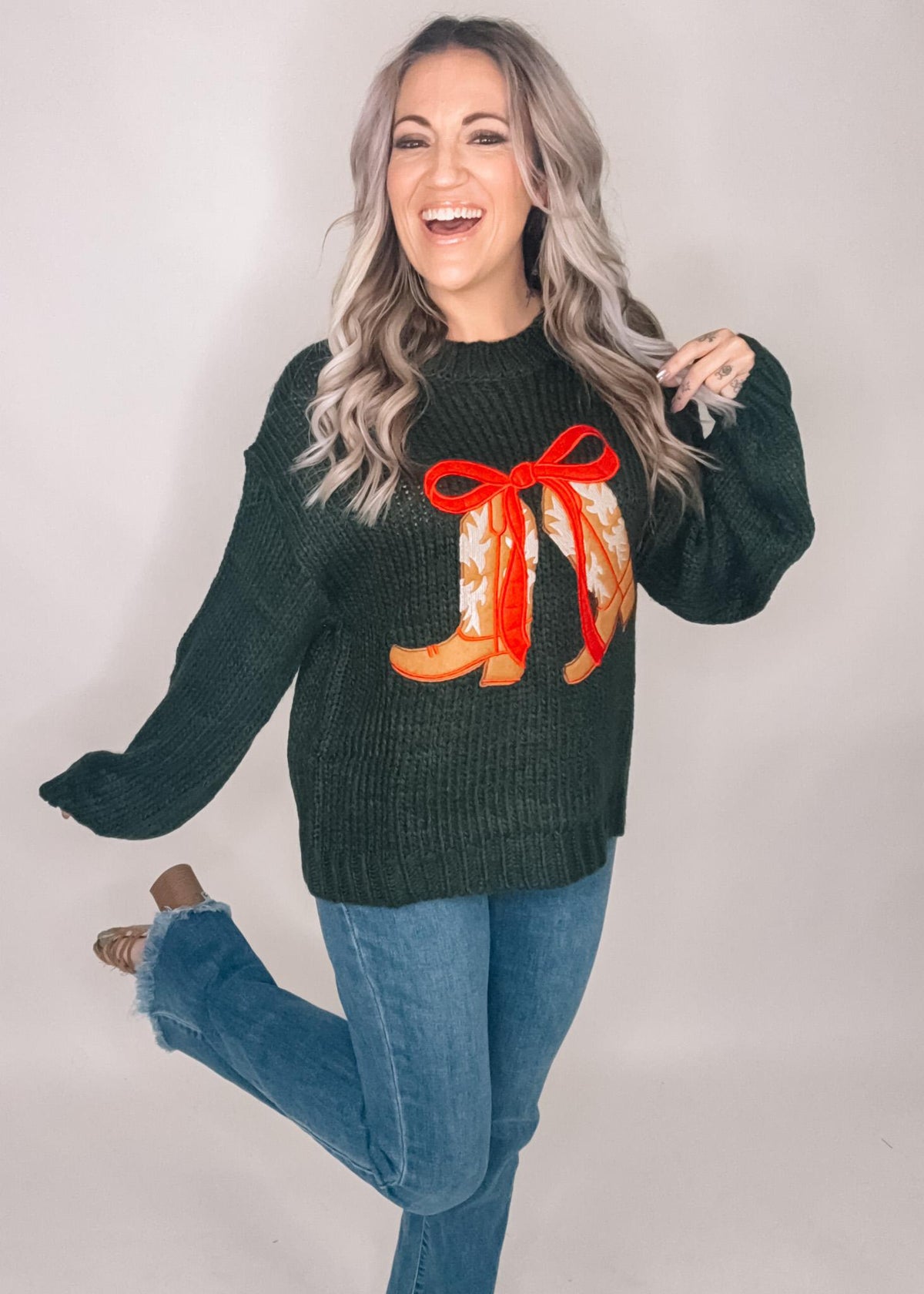 Festive Cowgirl Boot Knit Sweater