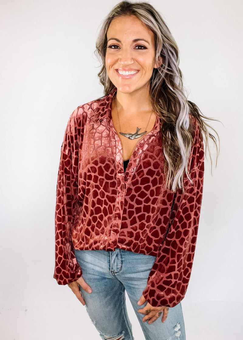 Rosewood Velet Button Down Collar Top