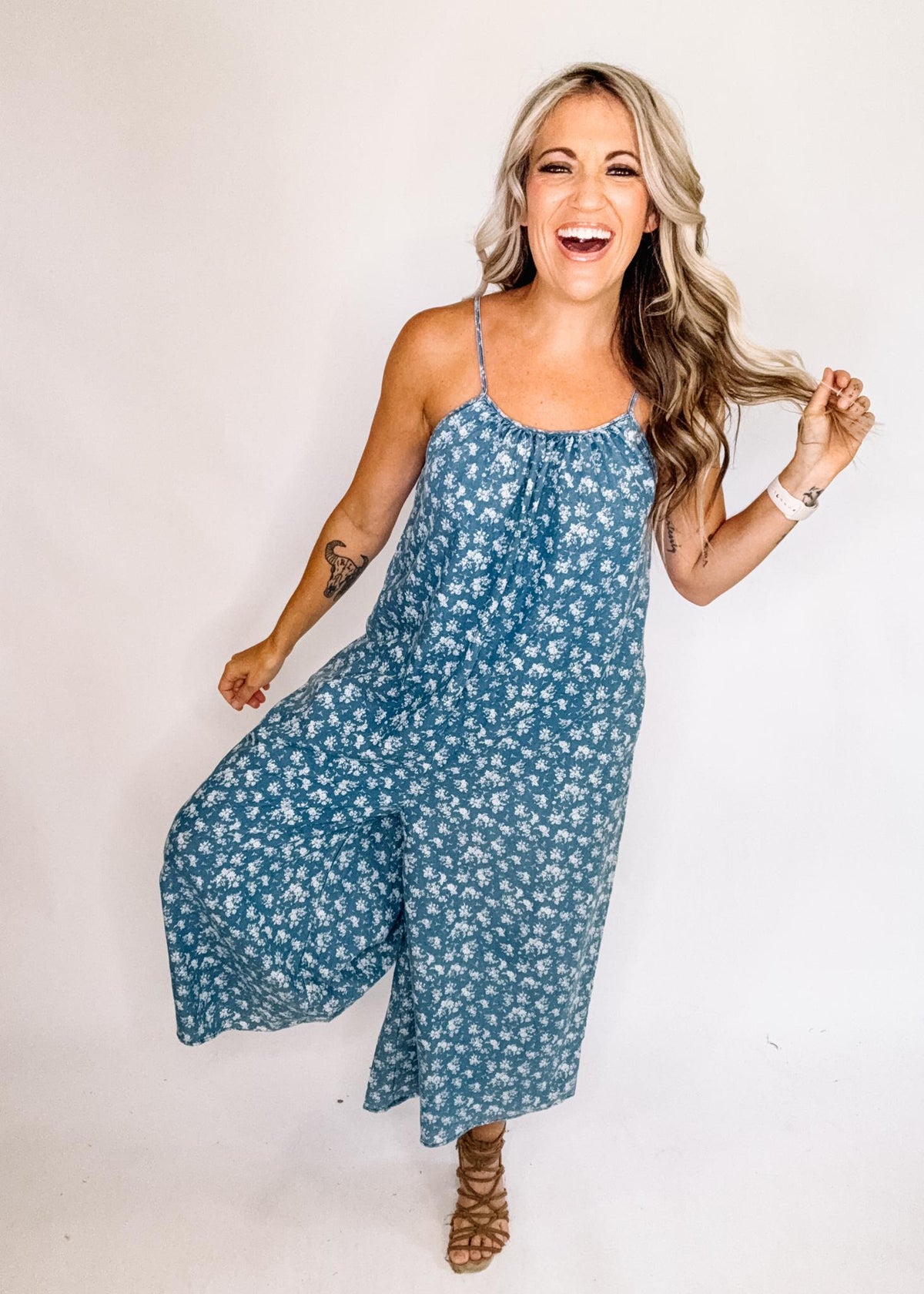 Chambray Floral Print Adjustable Strap Jumpsuit