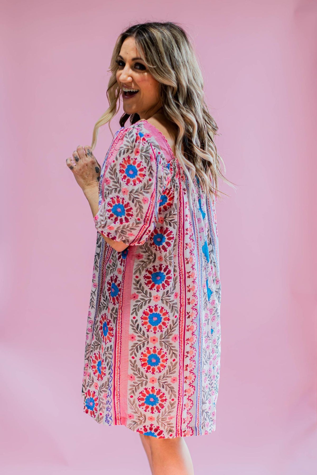 Blue and Pink Printed Mini Dress