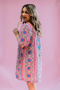 Blue and Pink Printed Mini Dress