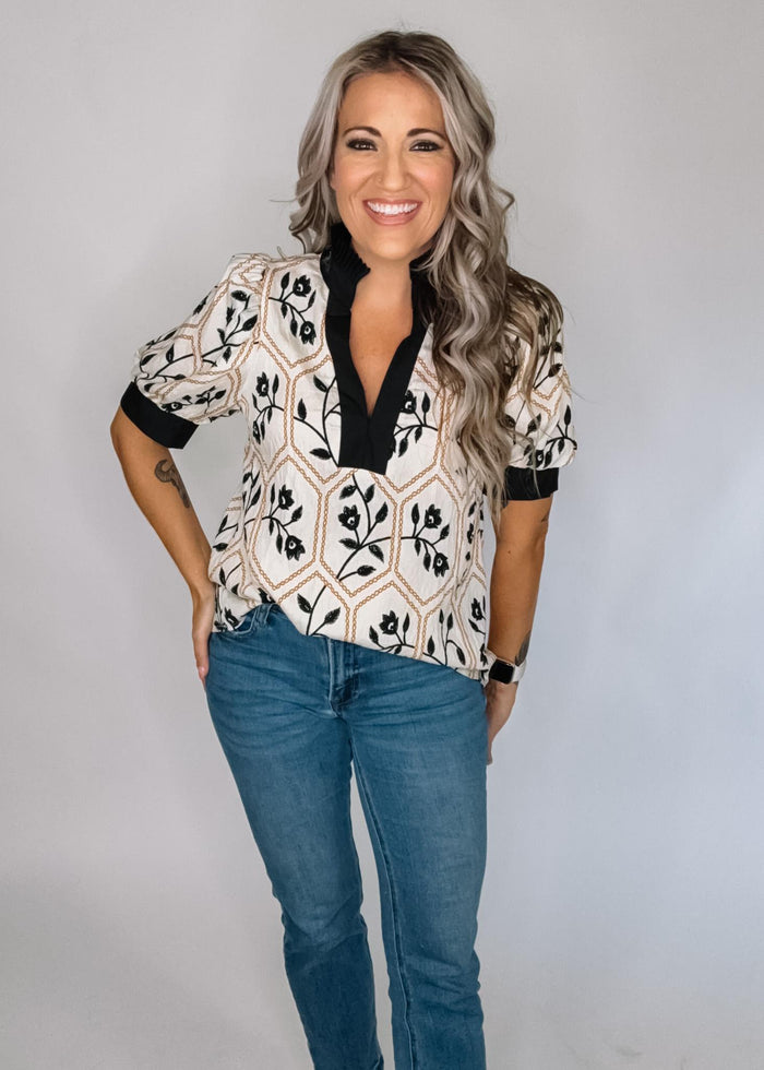 Entro Black Floral Embroidered Top