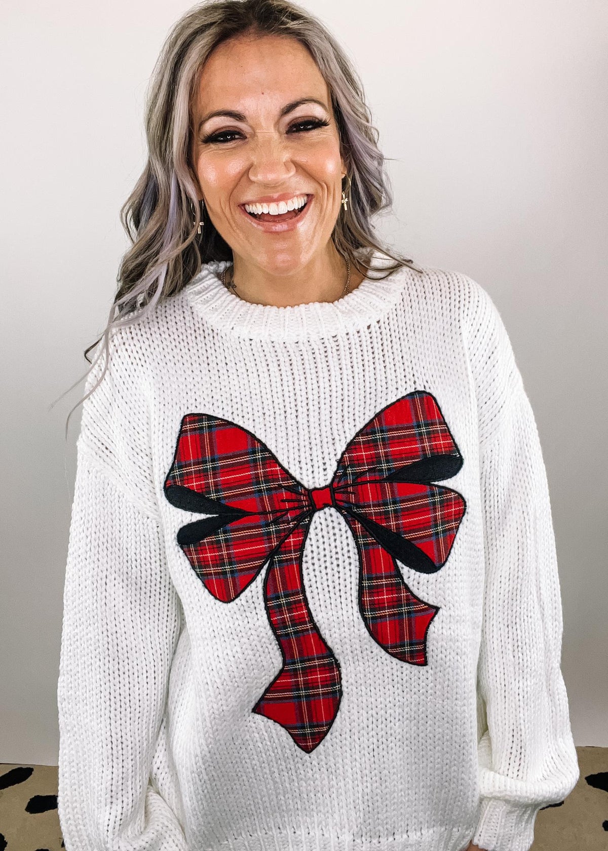 Holiday Plaid Bow Knit Sweater