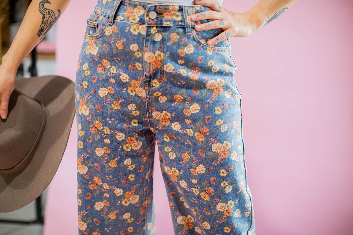 Floral Denim Wide Leg Pant