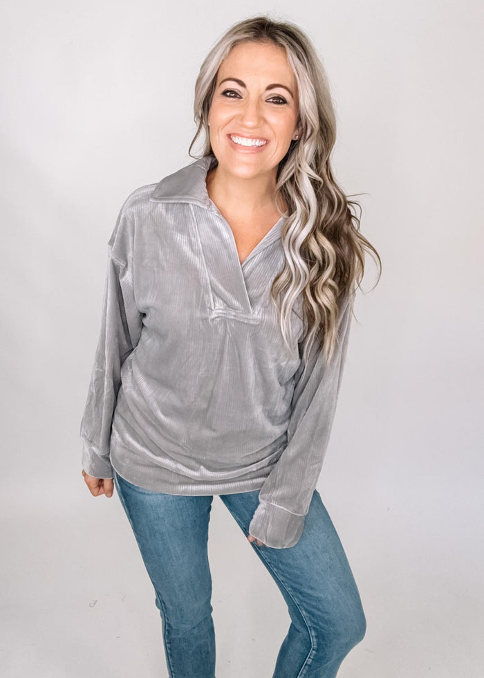 Grey Ribbed Velour Pullover