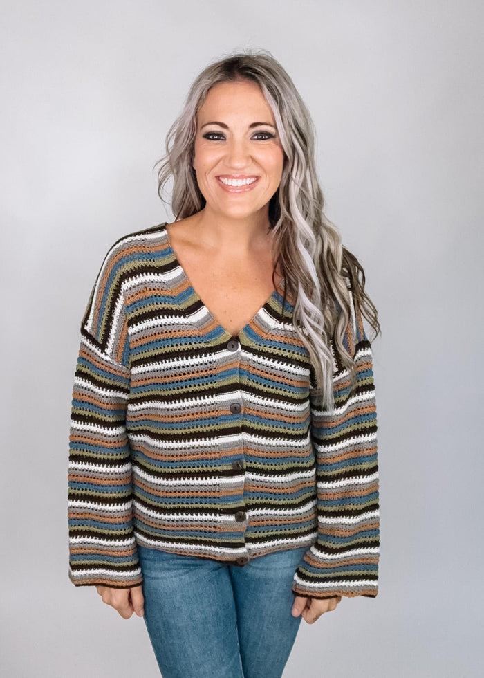 Multi Color Stripe V Neck Cardigan