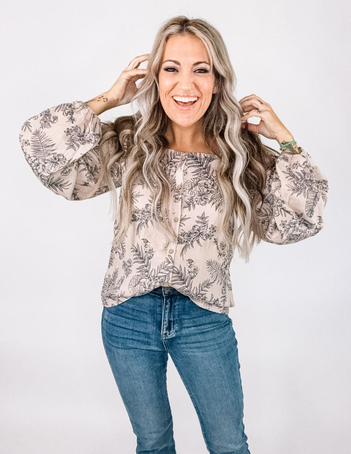 Taupe Floral Button Down Top