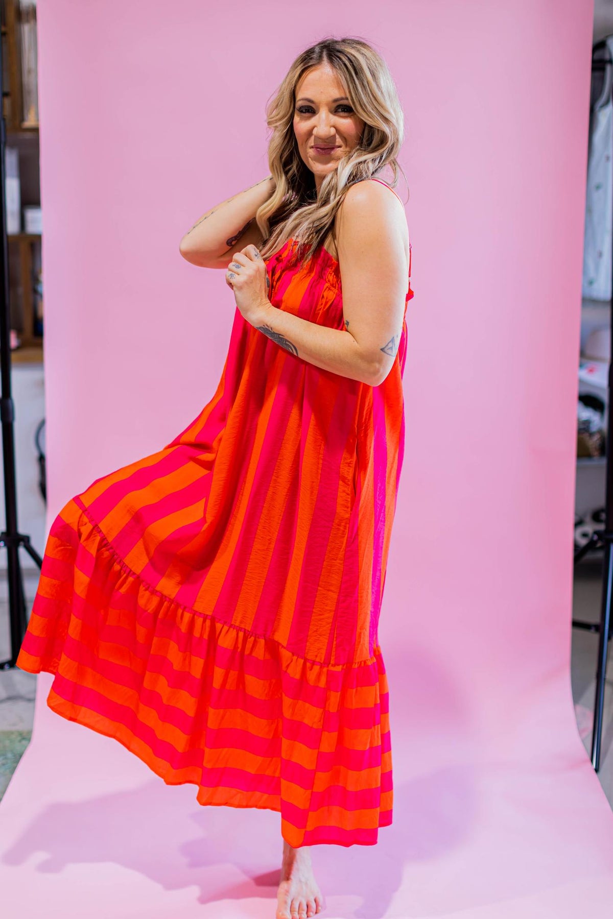 Fuchsia and Orange Stripe Maxi Dress
