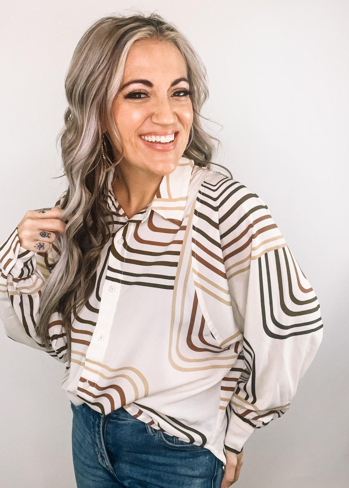 Beige Printed Satin Boyfriend Button Down