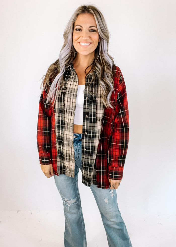 Mixed Flannel Long Sleeve Top