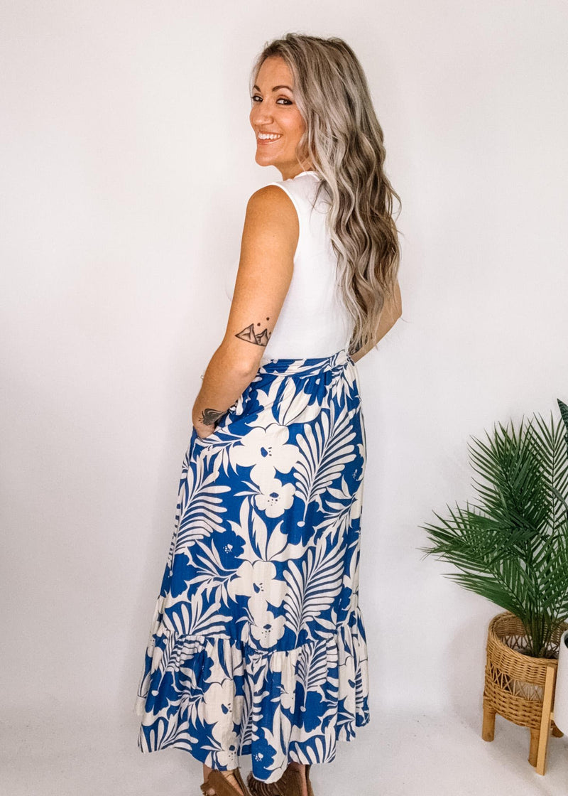 Sleeveless Knit Midi Dress with Blue Floral Skirt