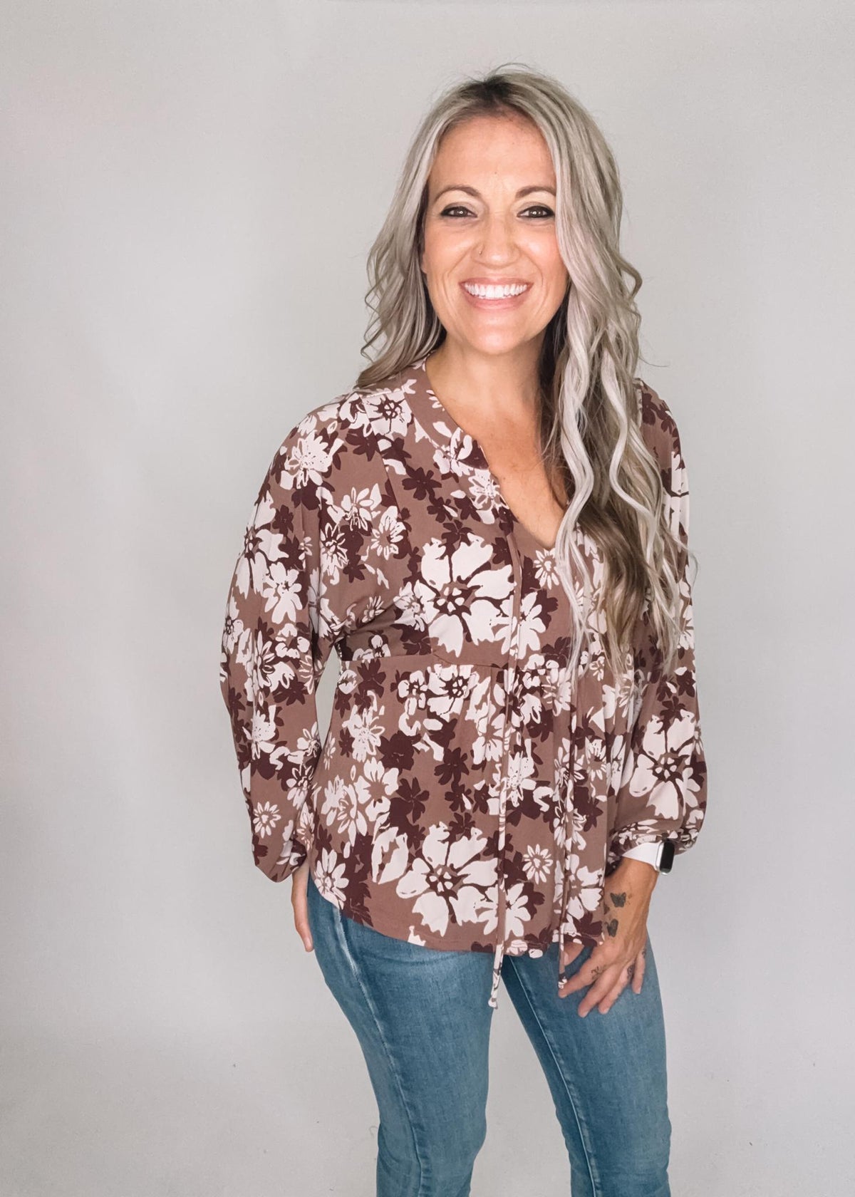 Brown and Cream Floral Babydoll Top