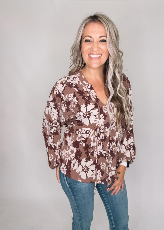 Brown and Cream Floral Babydoll Top