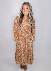 Taupe and Rust Long Sleeve Printed Maxi Dress