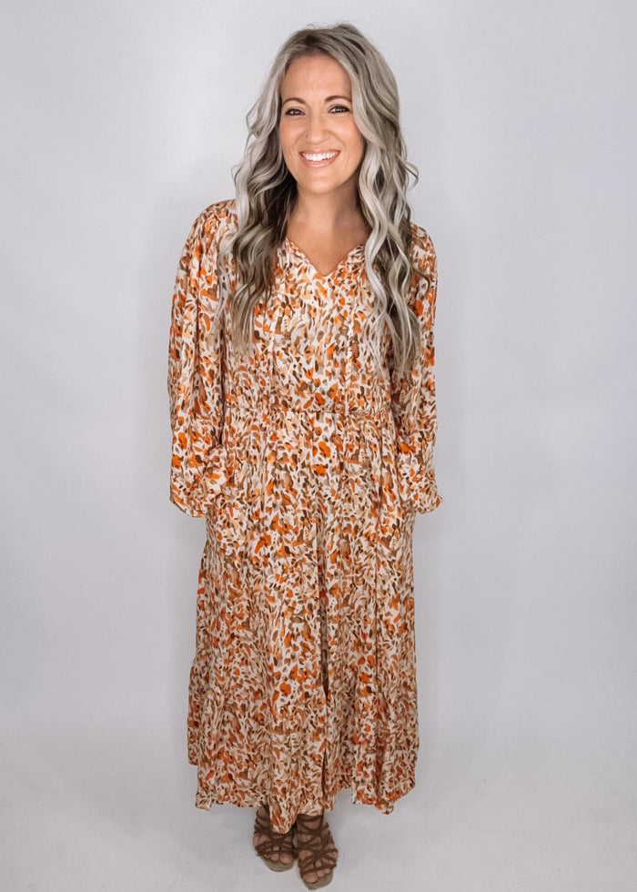 Taupe and Rust Long Sleeve Printed Maxi Dress